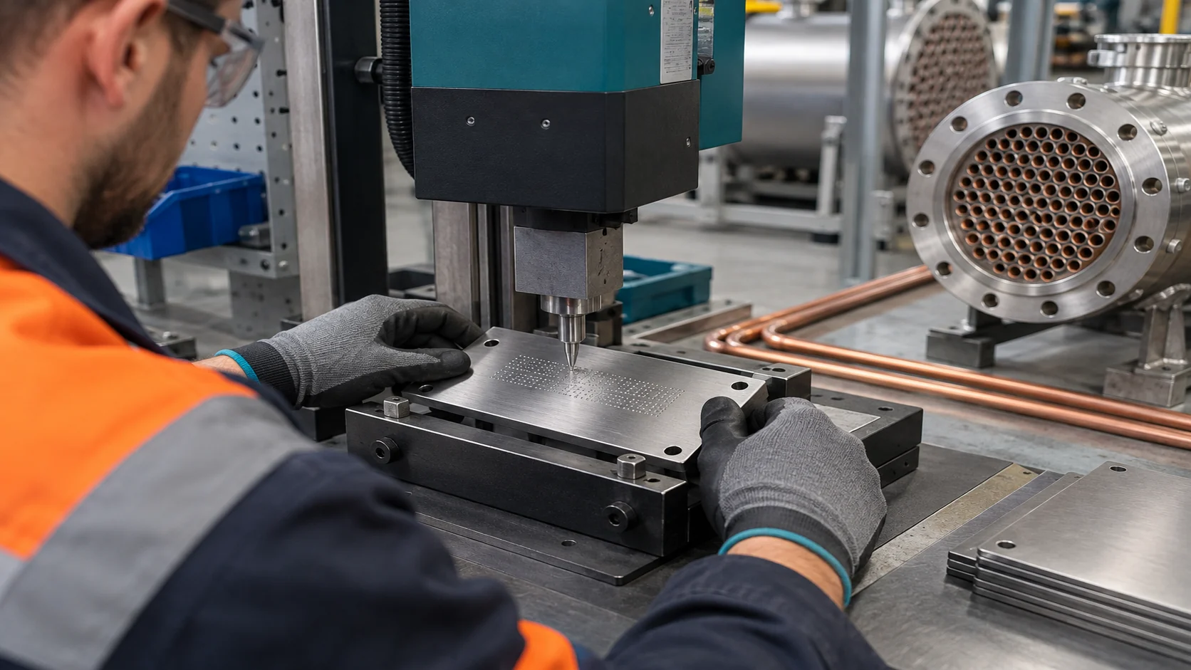 Fabrication technician marking a traceability record beside a heat exchanger nameplate and material tags