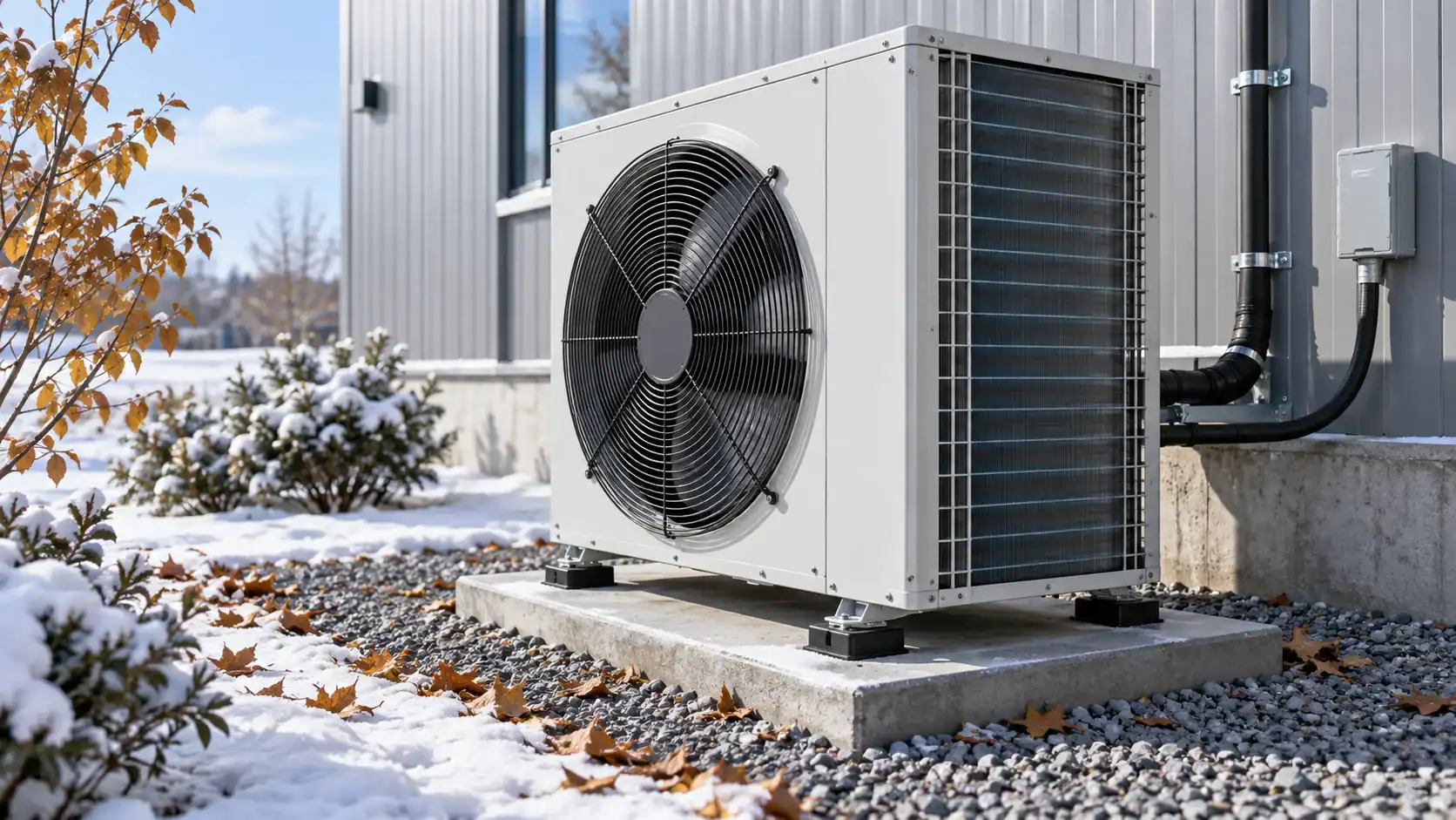 Commercial HVAC outdoor unit installed outside in winter with snow and plants.
