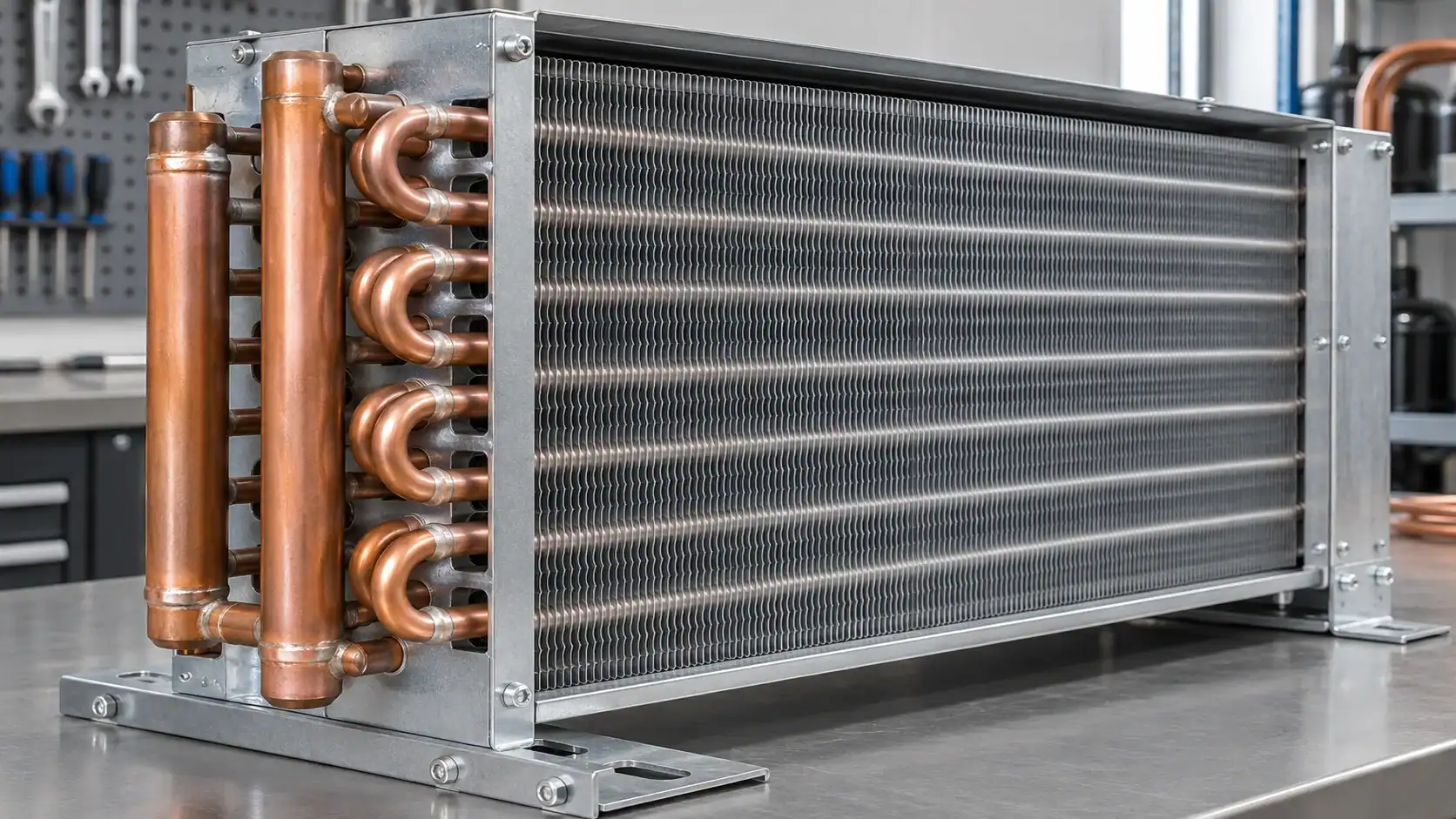 Heat pump condenser coil geometry and mounting details