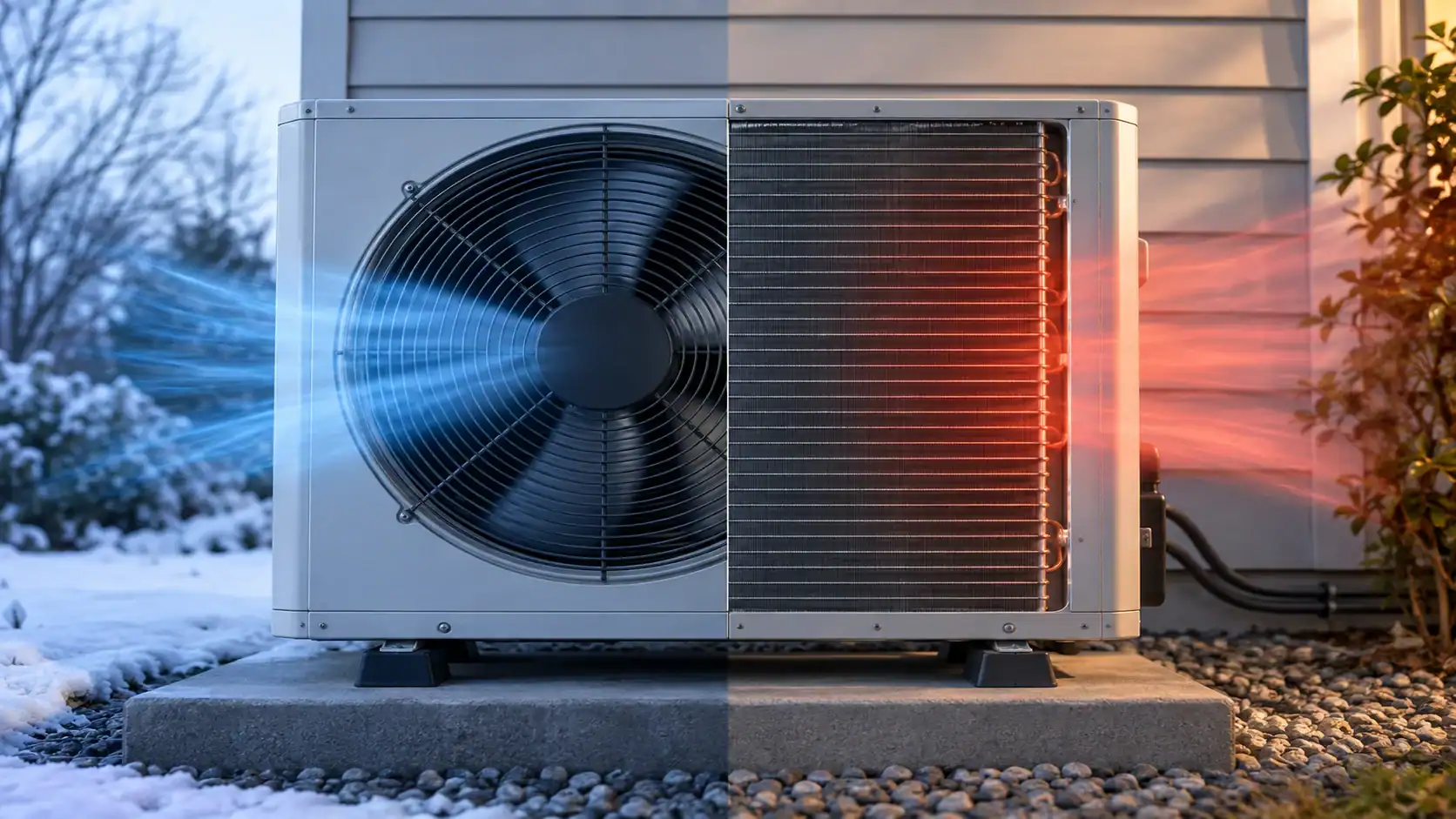 Outdoor HVAC heat pump unit installed outside a house in winter.
