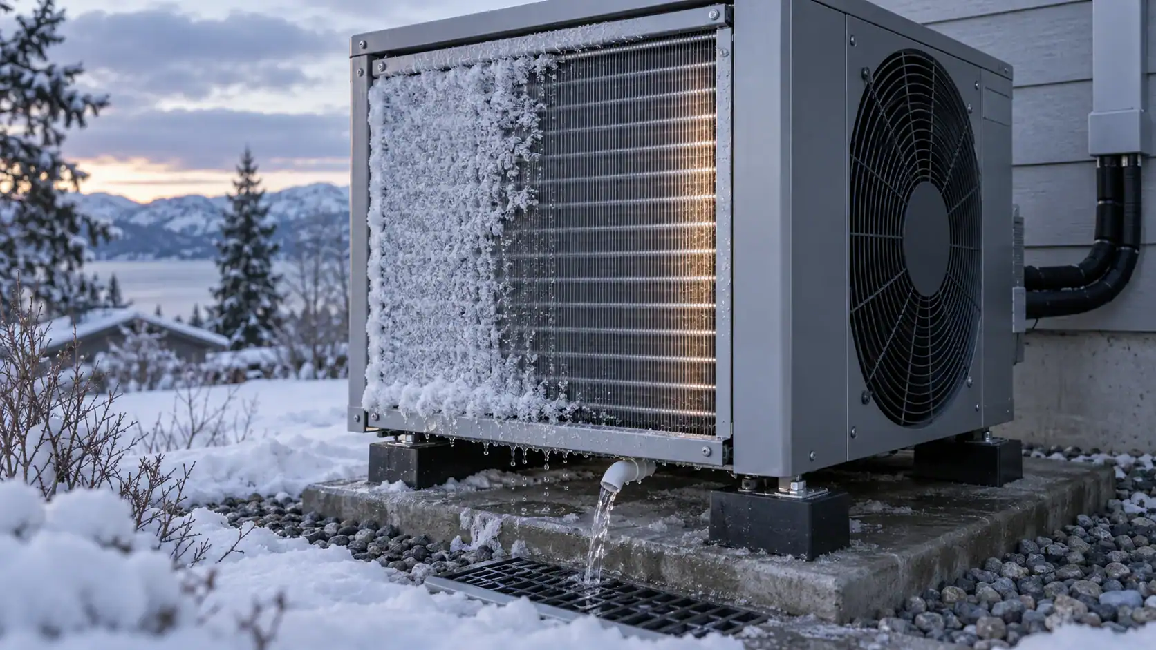 Outdoor HVAC unit in snowy landscape with mountains in background.