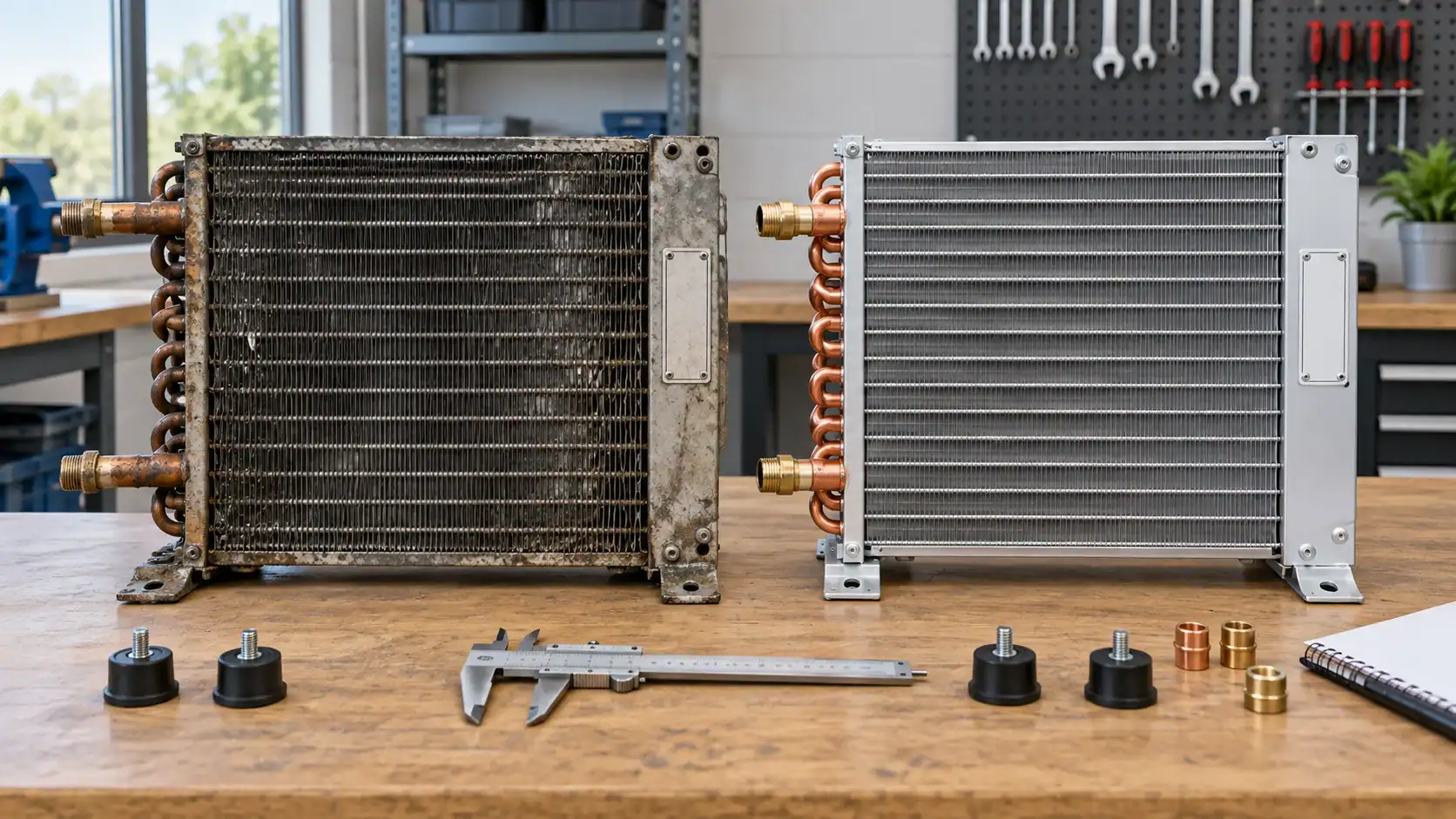 Comparison of old and new refrigeration condensers on workbench.