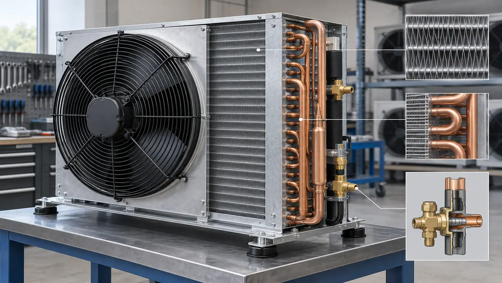 Commercial HVAC heat pump with copper piping and fan in a service workshop.