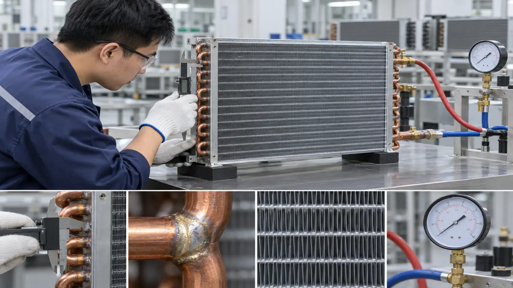 Technician inspecting a refrigeration condenser unit in a professional lab setting.