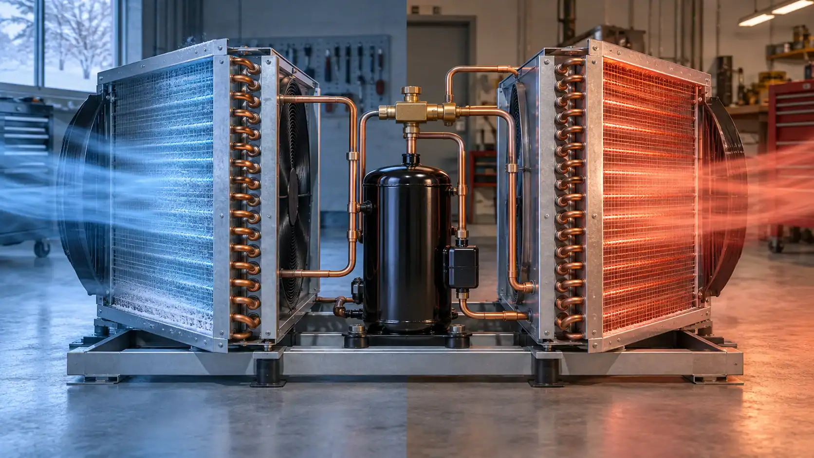 Industrial refrigeration system with blue and red heat exchangers at Domi Refrigeration.