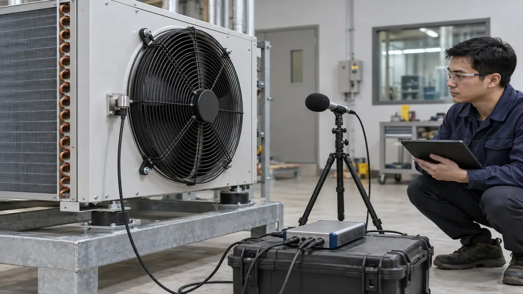 Technician inspecting industrial refrigeration unit with microphone and tablet in a facility.