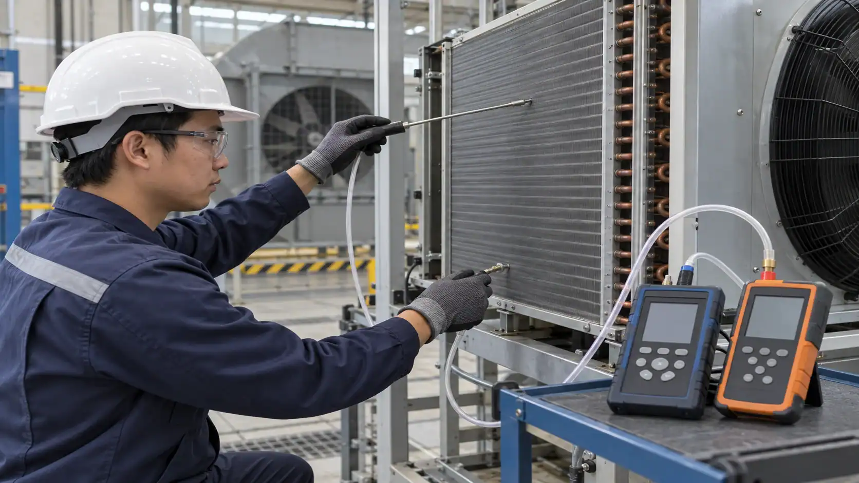 Technician inspecting industrial HVAC system with testing equipment in a facility.