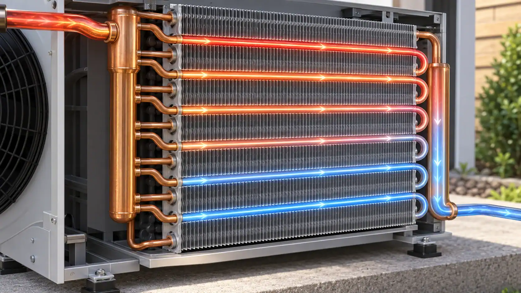 Heat pump condenser circuits, headers, and refrigerant path