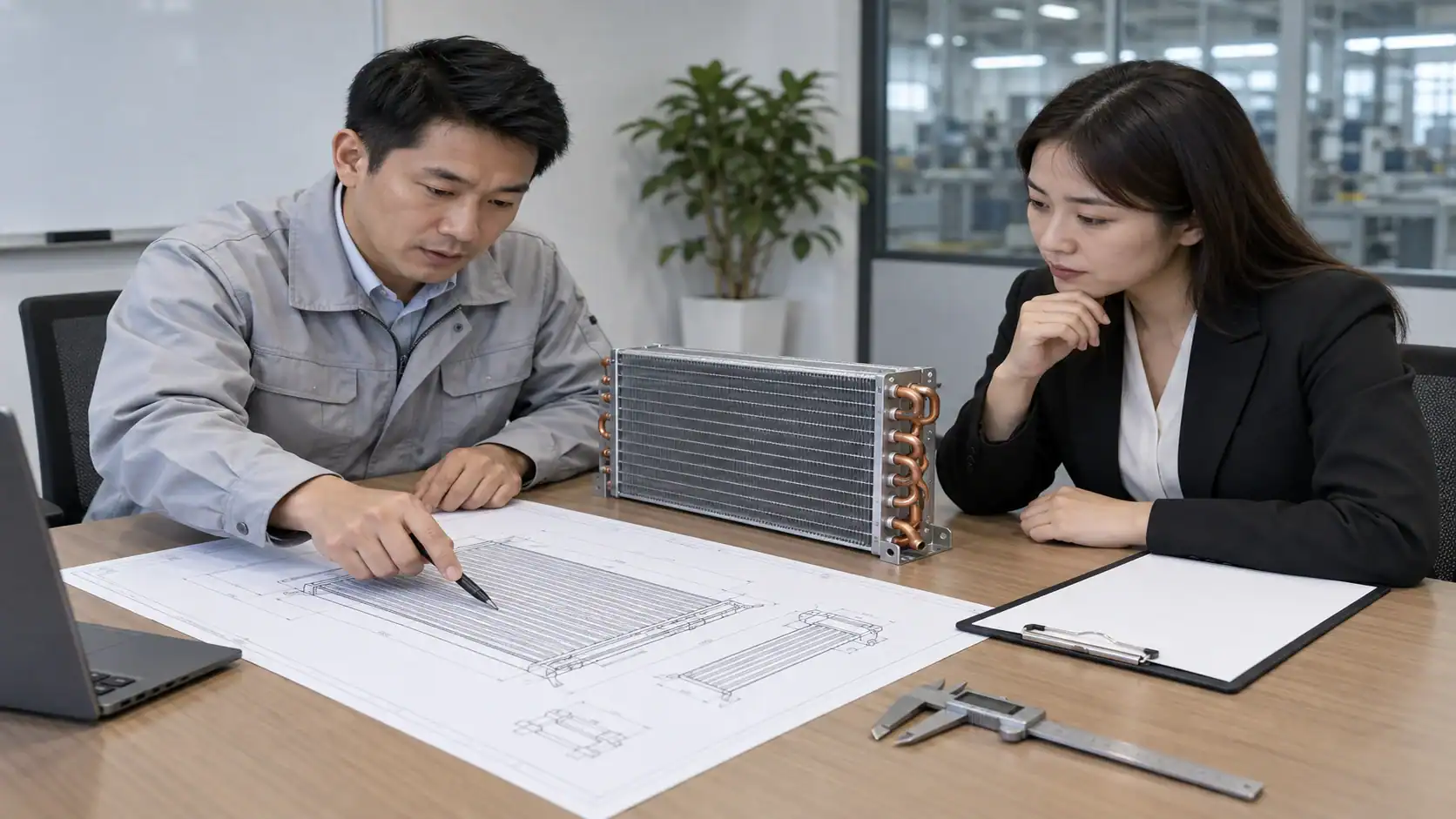 Engineers discussing HVAC system plans at Domi Refrigeration office.