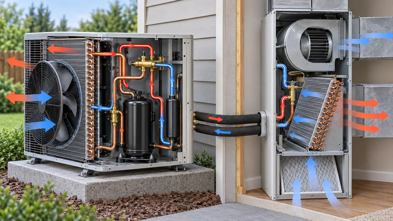 Cutaway heat pump system showing coils, compressor, reversing valve, and fans