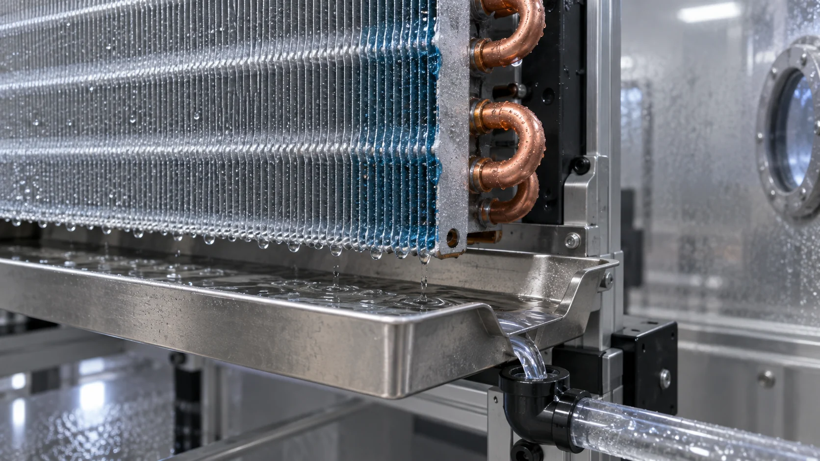 Heat pump coil condensate tray, drain path, and copper tube detail
