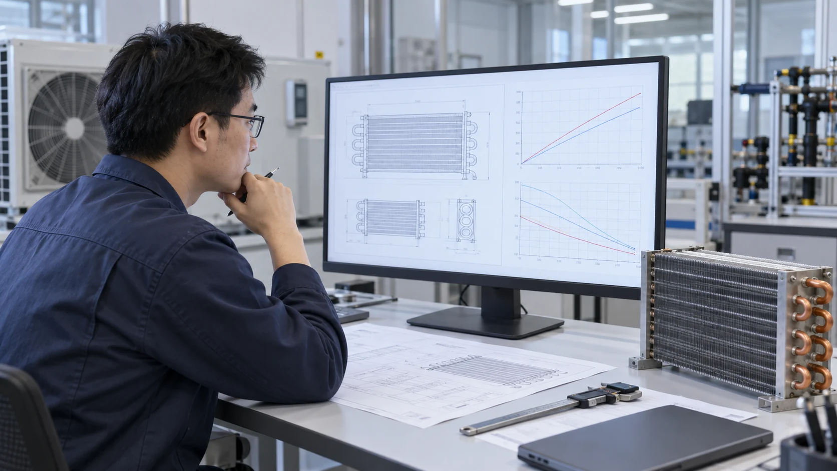 HVAC engineer reviewing heat pump coil drawings and performance curves