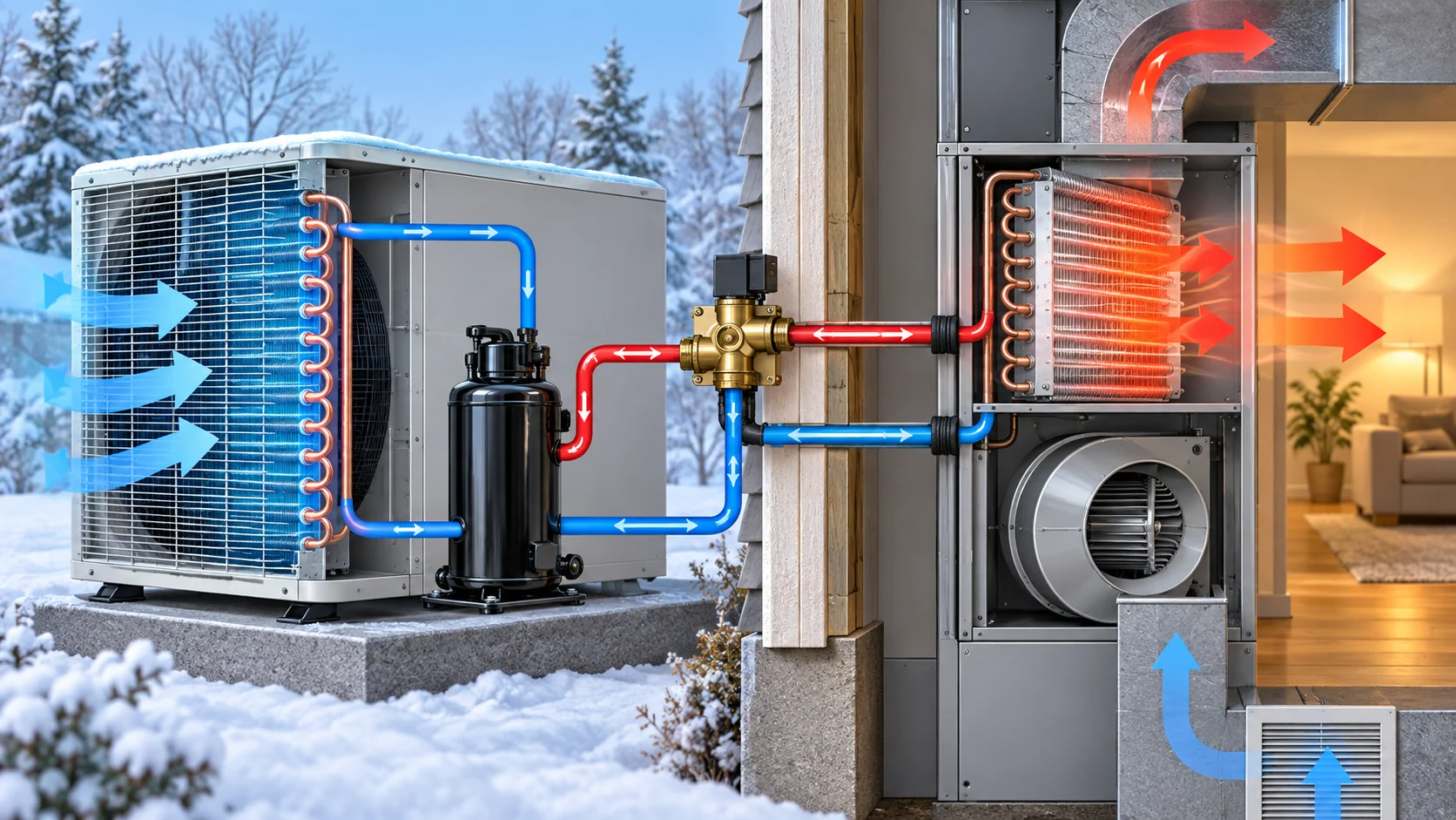 Heat pump heating mode with outdoor heat absorption and indoor heat release