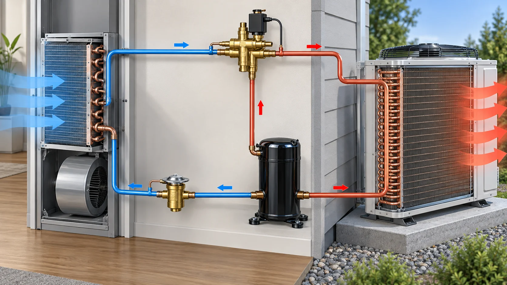 Simplified reverse-cycle heat pump loop with indoor and outdoor heat exchangers