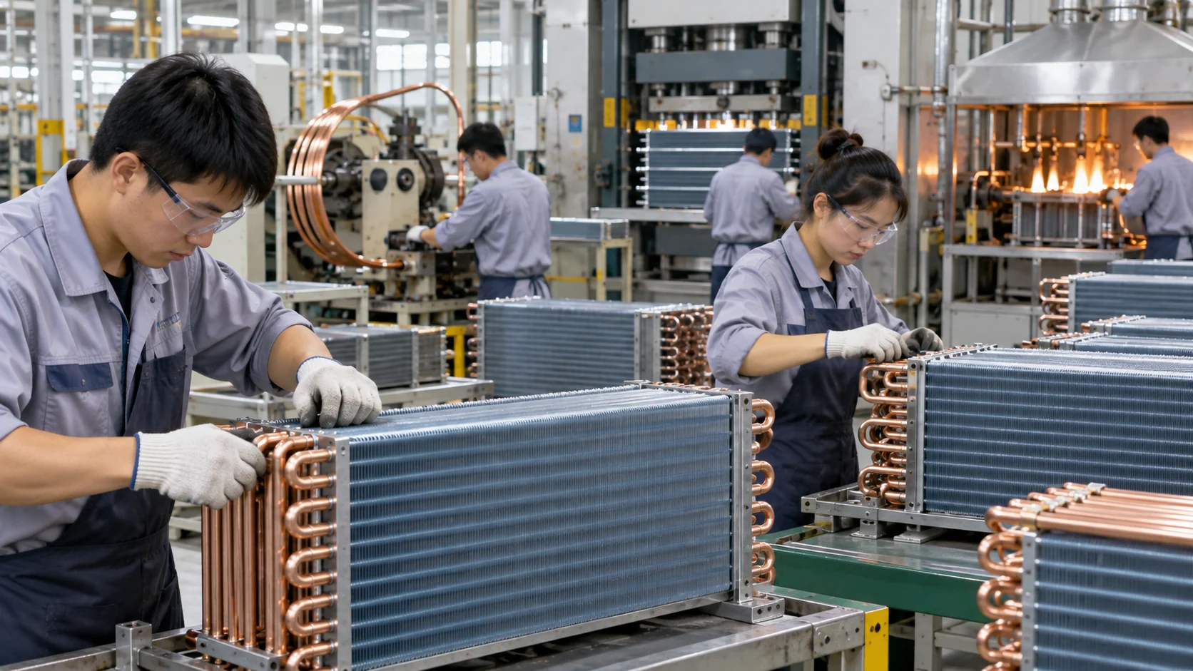 Technicians assembling fin-tube heat pump coils on a production line