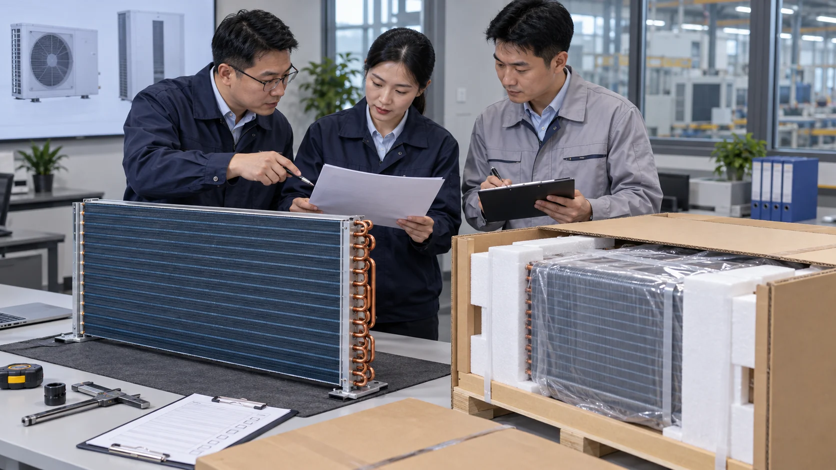 OEM engineers reviewing a heat pump coil RFQ, sample, and export packaging