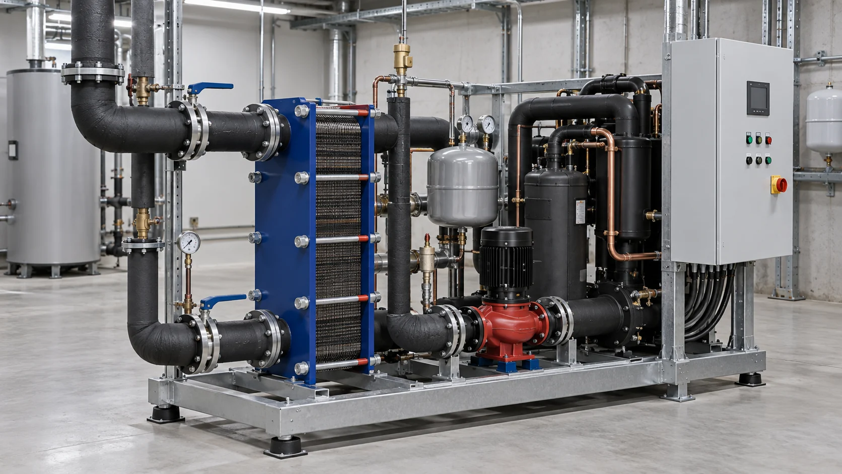 Air-to-water heat pump skid with plate heat exchanger and circulation loop