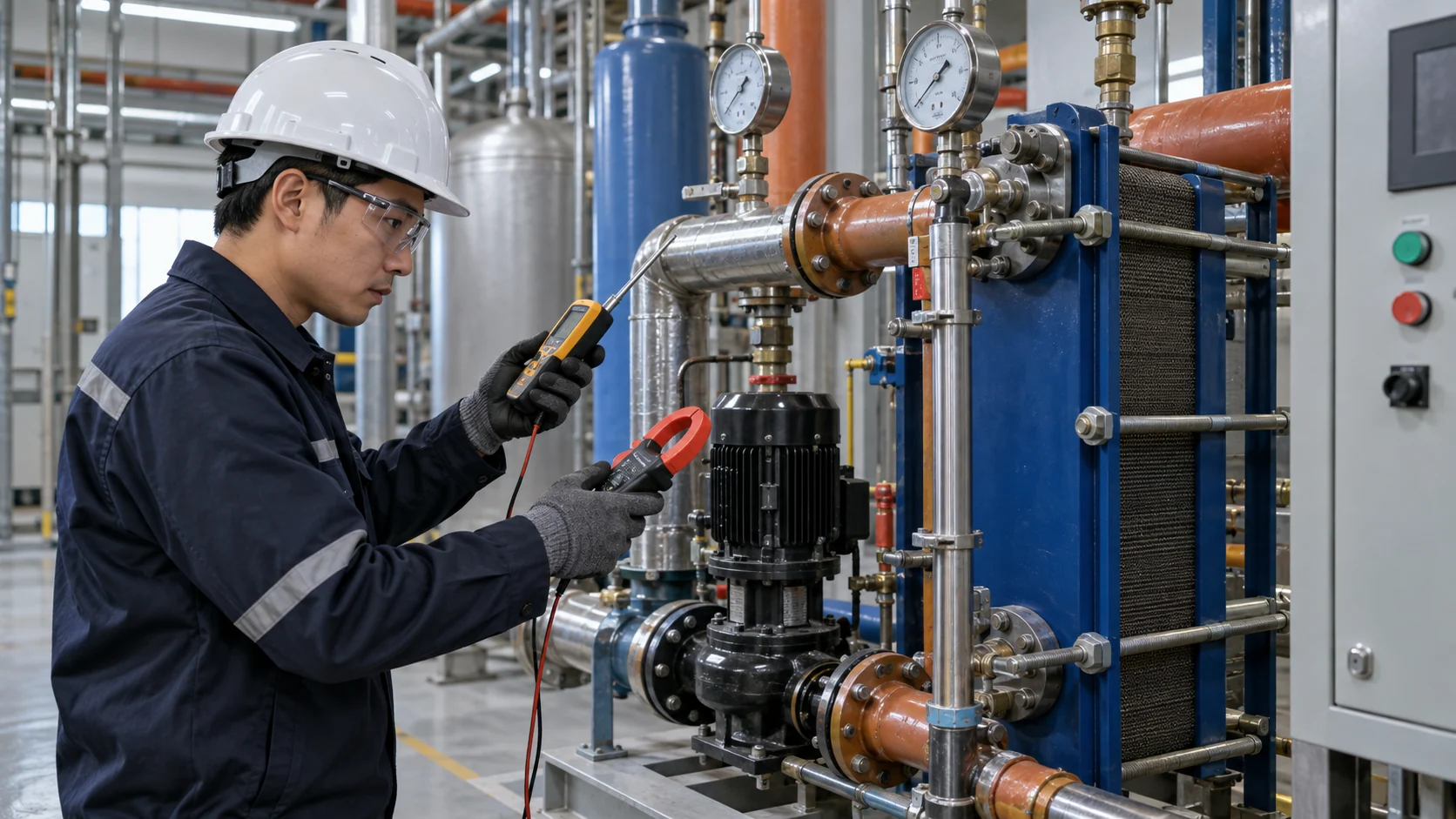 Asiatischer Inbetriebnahmeingenieur verwendet ein digitales Thermometer und eine Stromzange neben einem Wärmerückgewinnungsplattenwärmetauscher, Manometern und Pumpe