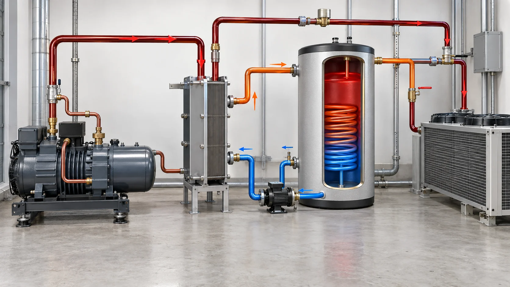 Kältemittelverdichter, Kondensator, Wärmerückgewinnungstauscher, Speicherbehälter, Pumpe und Bypass-Leitung als realistische, nicht beschriftete technische Schnittdarstellung