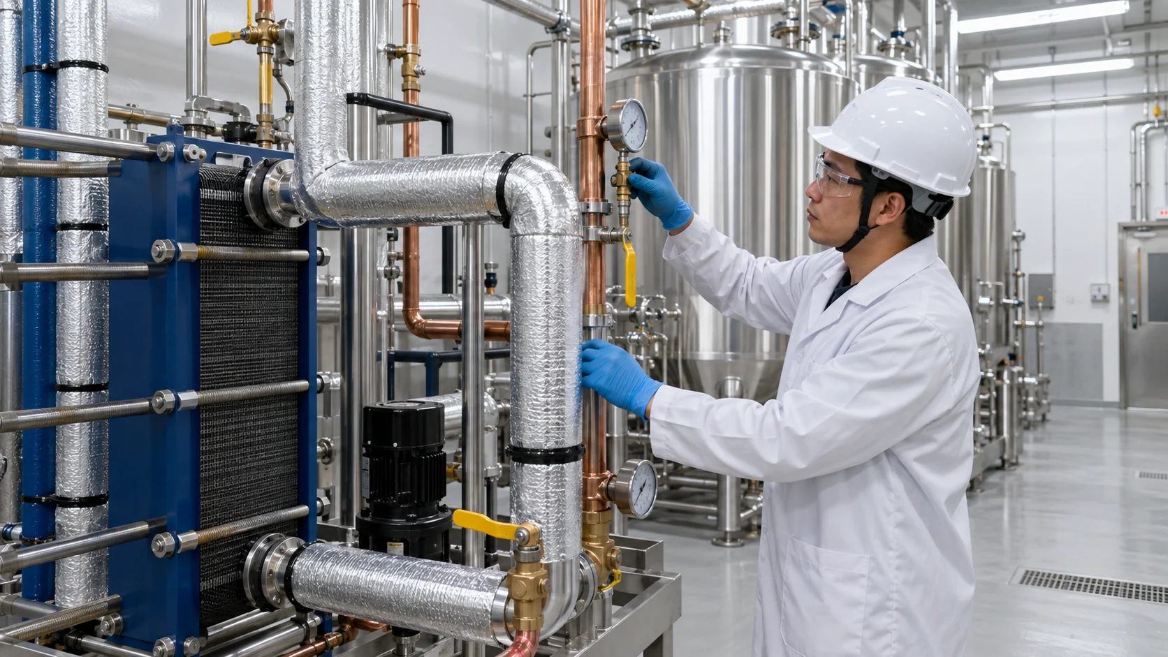 Lebensmittel- und Getränkeprozessraum mit Edelstahltanks, Warmwasser-Versorgungsleitungen, Wärmerückgewinnungsrahmen und asiatischem Techniker, der ein Manometer überprüft