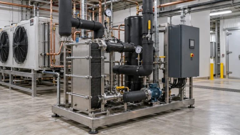 Industrial refrigeration heat-recovery skid with condenser, plate heat exchanger, insulated hot-water loop, gauges, valves and control cabinet