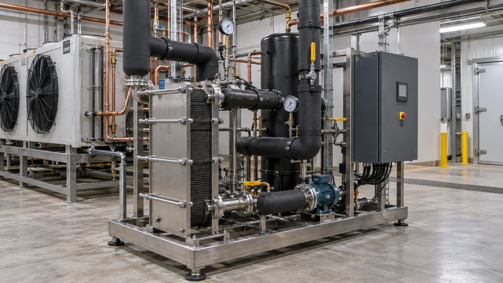 Industrielle Kälte-Wärmerückgewinnungseinheit mit Verflüssiger, Plattenwärmetauscher, isoliertem Warmwasserkreislauf, Manometern, Ventilen und Schaltschrank