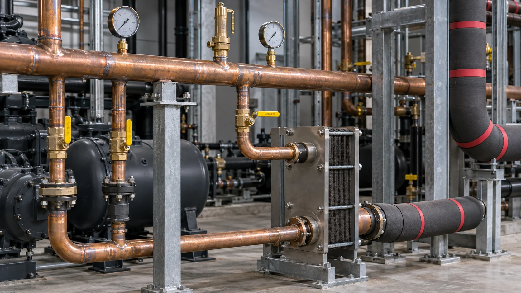 Heißgas-Abluftsammler mit Manometern, Absperrventilen, isoliertem Rückgewinnungszweig und kompaktem Wärmetauscher