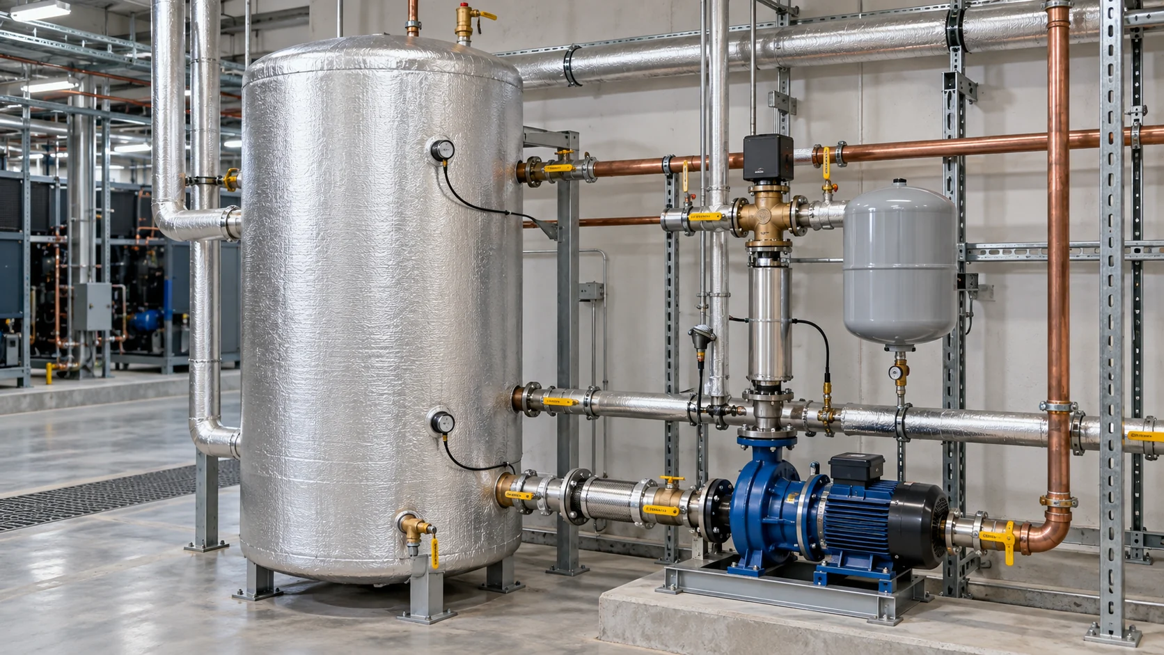 Isolierter Warmwasser-Pufferspeicher mit Umwälzpumpe, Ausdehnungsgefäß, Mischventil, Sensoren und unterstützter Rückgewinnungsleitung