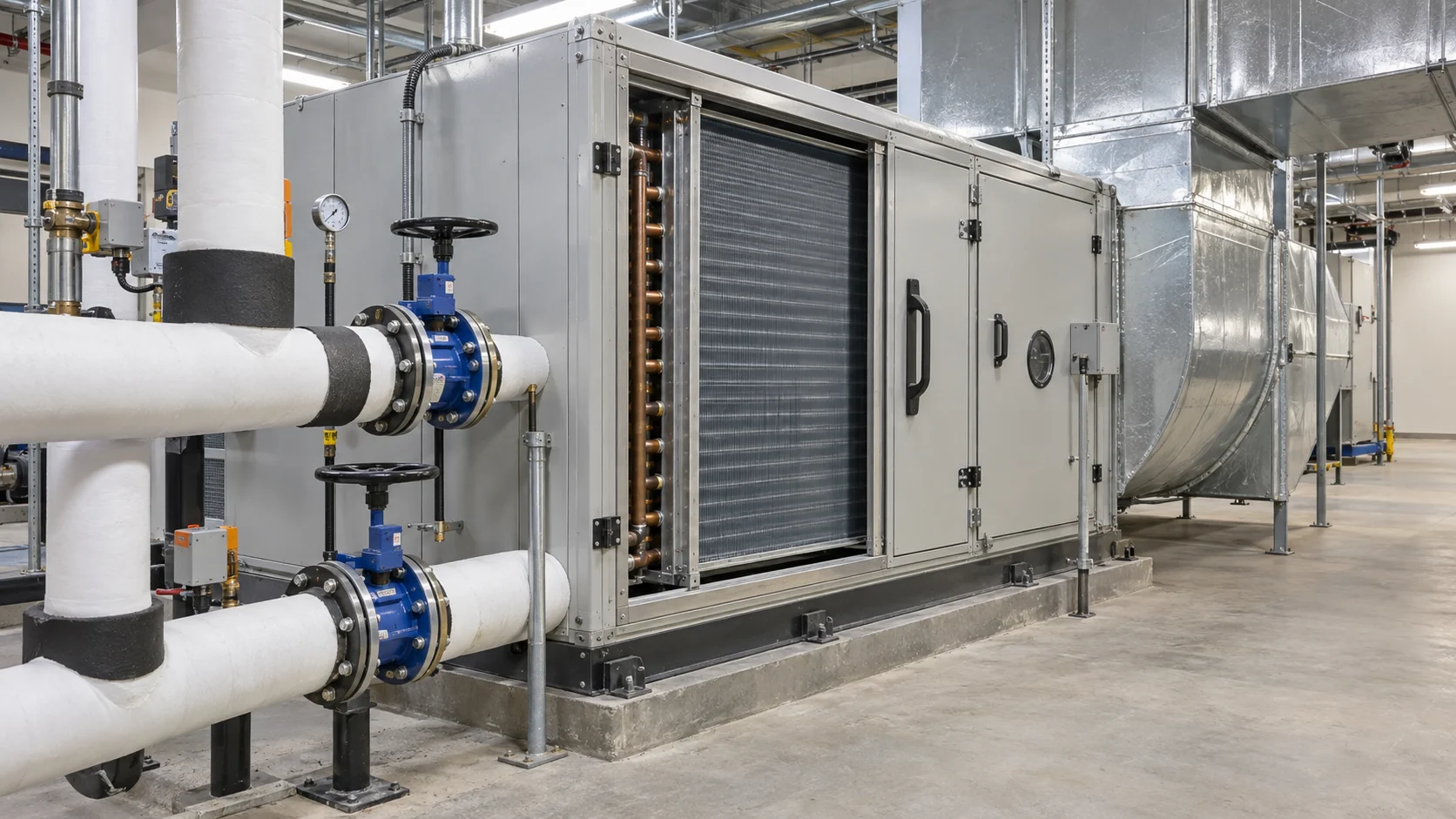 HVAC chiller AHU cooling coil interface Commercial air handling unit with chilled-water cooling coil, ductwork, control valves and insulated headers in a mechanical room