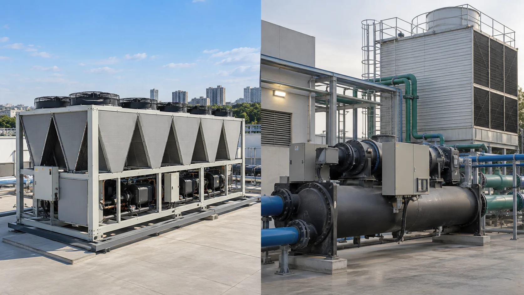 Air-cooled versus water-cooled HVAC chiller comparison Side-by-side commercial HVAC scene comparing an air-cooled chiller with condenser fans and a water-cooled chiller connected to a cooling tower, no text