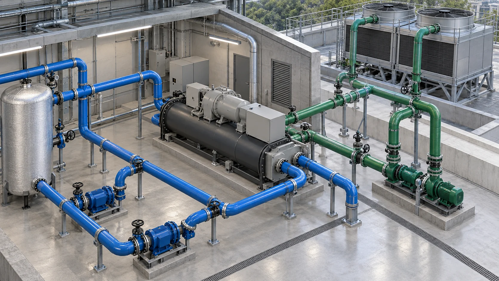 HVAC chiller central plant loop and flow Isometric commercial central plant loop with HVAC chiller, chilled-water pumps, condenser-water loop, cooling tower, valves and buffer tank