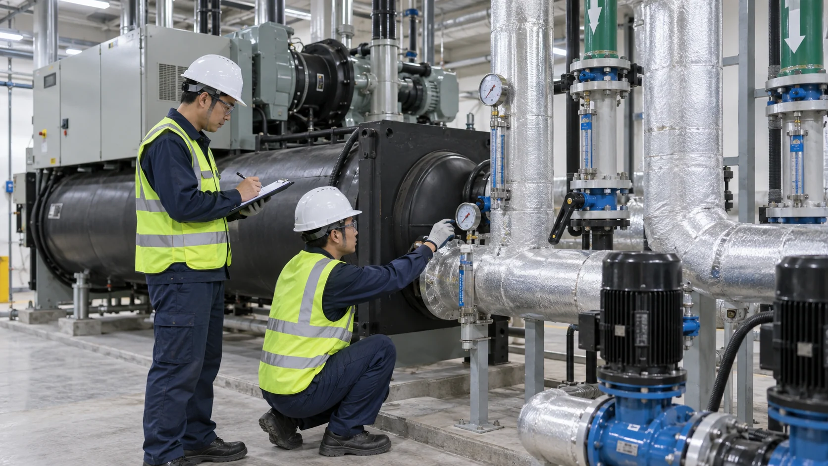 HVAC chiller commissioning and performance test Asian commissioning technicians checking gauges, flow meters, supply and return temperatures on a running commercial HVAC chiller
