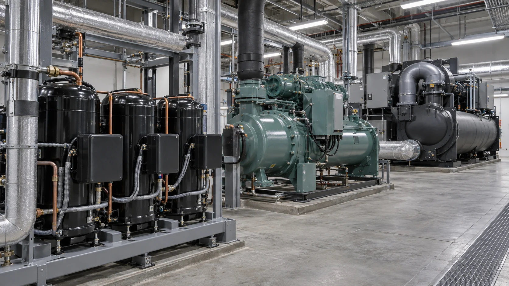 HVAC chiller compressor technology options Close technical view of scroll, screw and centrifugal compressor assemblies in a clean commercial chiller plant, no logos or labels