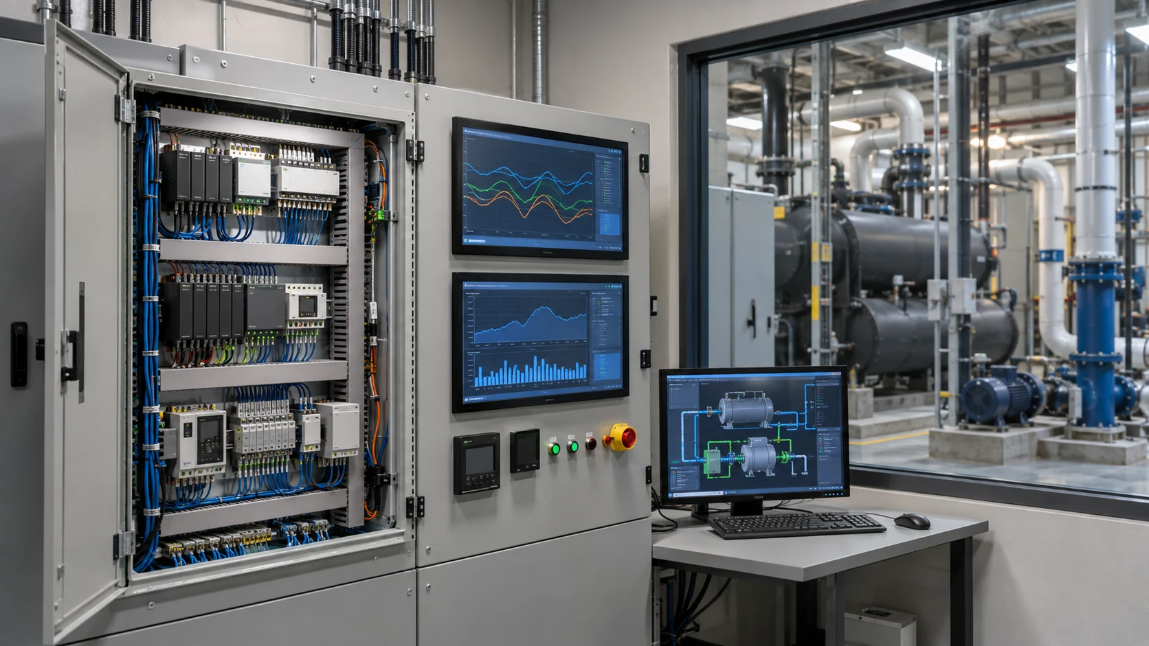 HVAC chiller controls and BAS integration Commercial building automation control panel with HVAC chiller sensors, pumps and trend screens, no readable text or brand marks