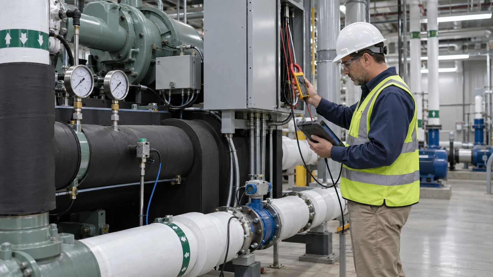 HVAC chiller efficiency and part-load review Facility engineer measuring electrical power, chilled-water temperatures and flow at a running HVAC chiller, realistic instruments and plant room