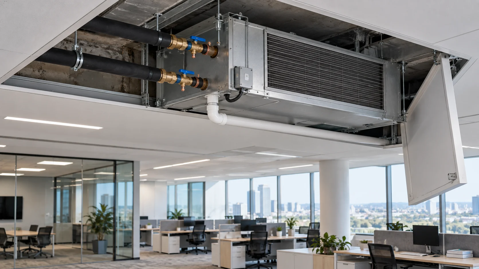 HVAC chiller fan-coil interface Ceiling fan-coil terminal unit serving a modern office, visible chilled-water branch piping and service access, realistic architectural interior