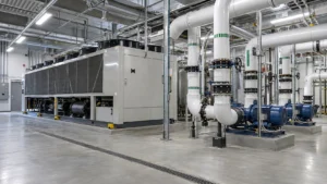 Commercial HVAC chiller plant room with a packaged chiller, insulated chilled-water headers, pumps and a clean hospital or office mechanical space