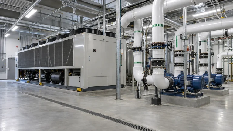 Commercial HVAC chiller plant room with a packaged chiller, insulated chilled-water headers, pumps and a clean hospital or office mechanical space