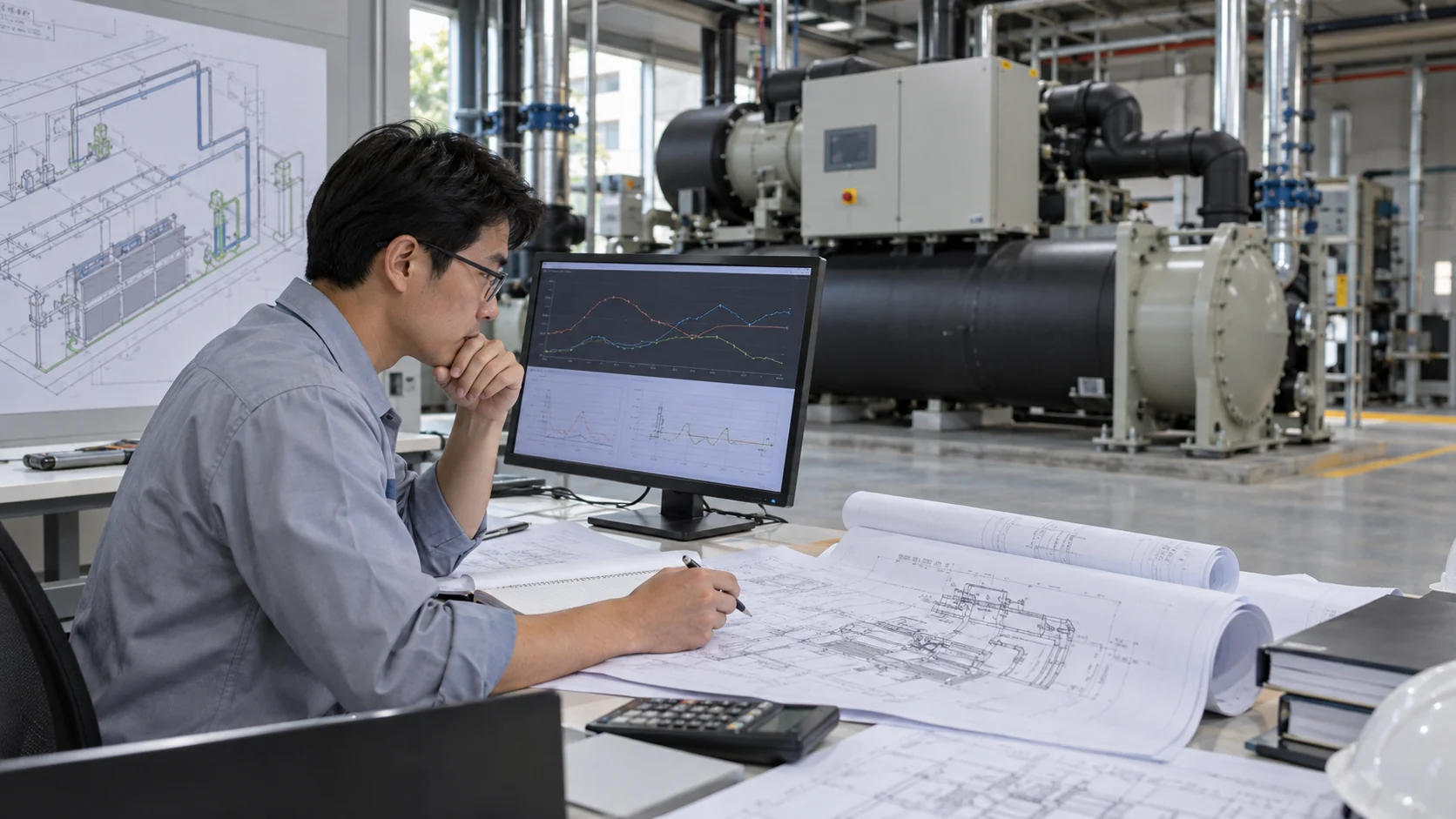 HVAC chiller load profile and sizing review Asian HVAC design engineer reviewing a building load profile, supply and return temperatures and a plant-room drawing beside a chiller model