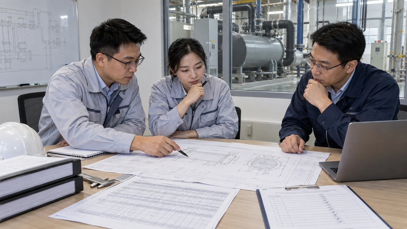 HVAC chiller RFQ and quality review Asian procurement and mechanical engineering team reviewing an HVAC chiller RFQ, heat-exchanger drawing, rating sheet and inspection checklist