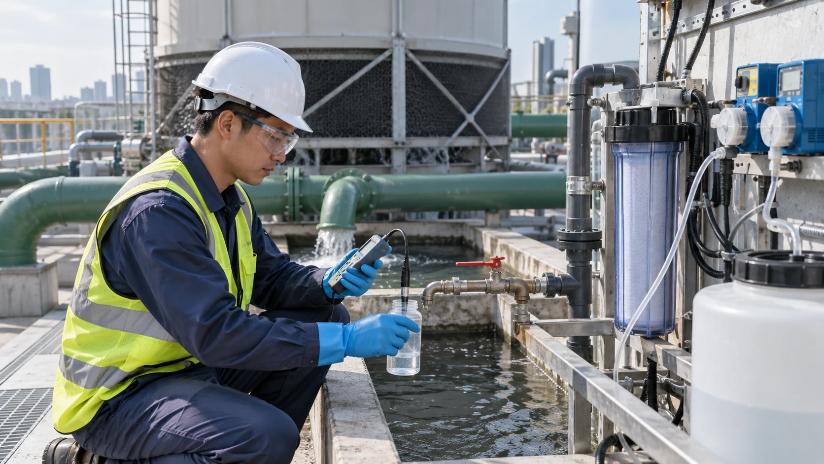 HVAC chiller condenser-water treatment inspection Asian facilities technician sampling condenser-water near a cooling tower with conductivity meter, side-stream filter and dosing equipment