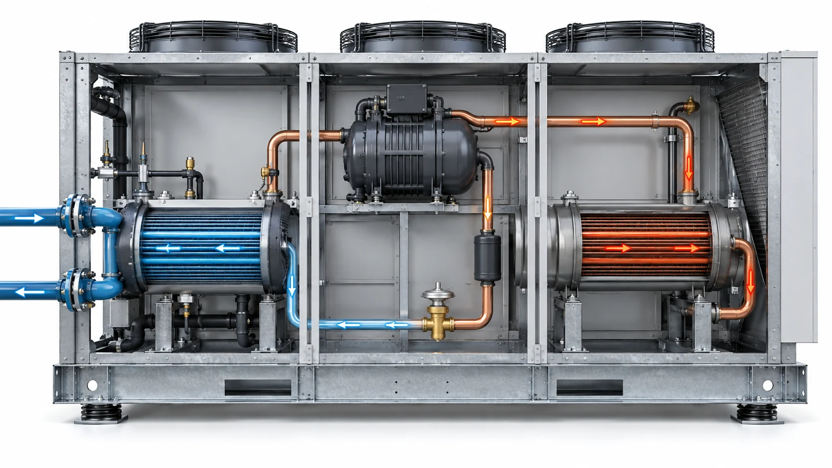 HVAC chiller working principle and refrigerant circuit Clean educational cutaway of an HVAC chiller showing evaporator, compressor, condenser, expansion valve and chilled-water flow, no text or logos