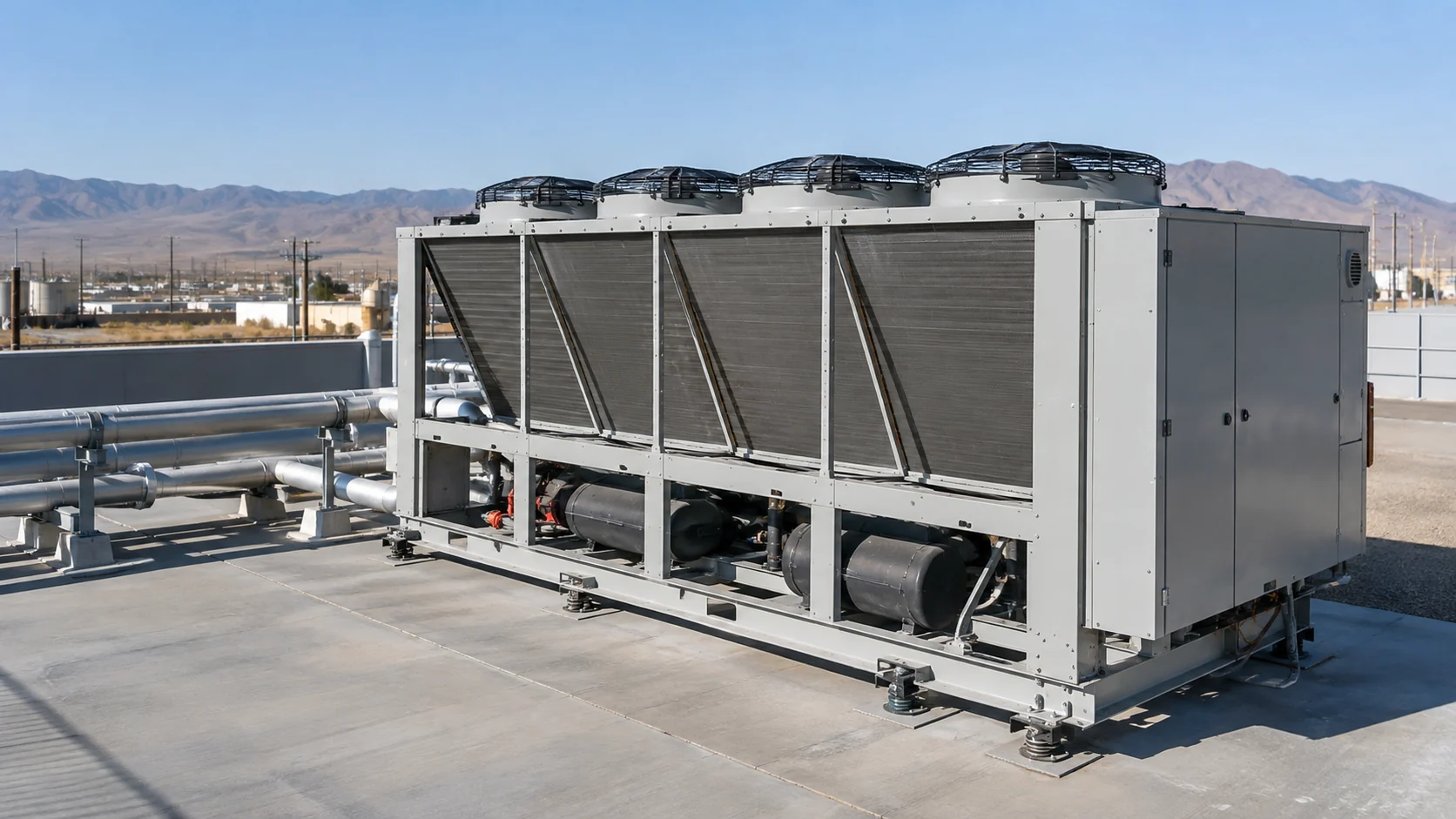 Air-cooled chiller or rooftop HVAC unit with axial fans and finned coils at a hot industrial site