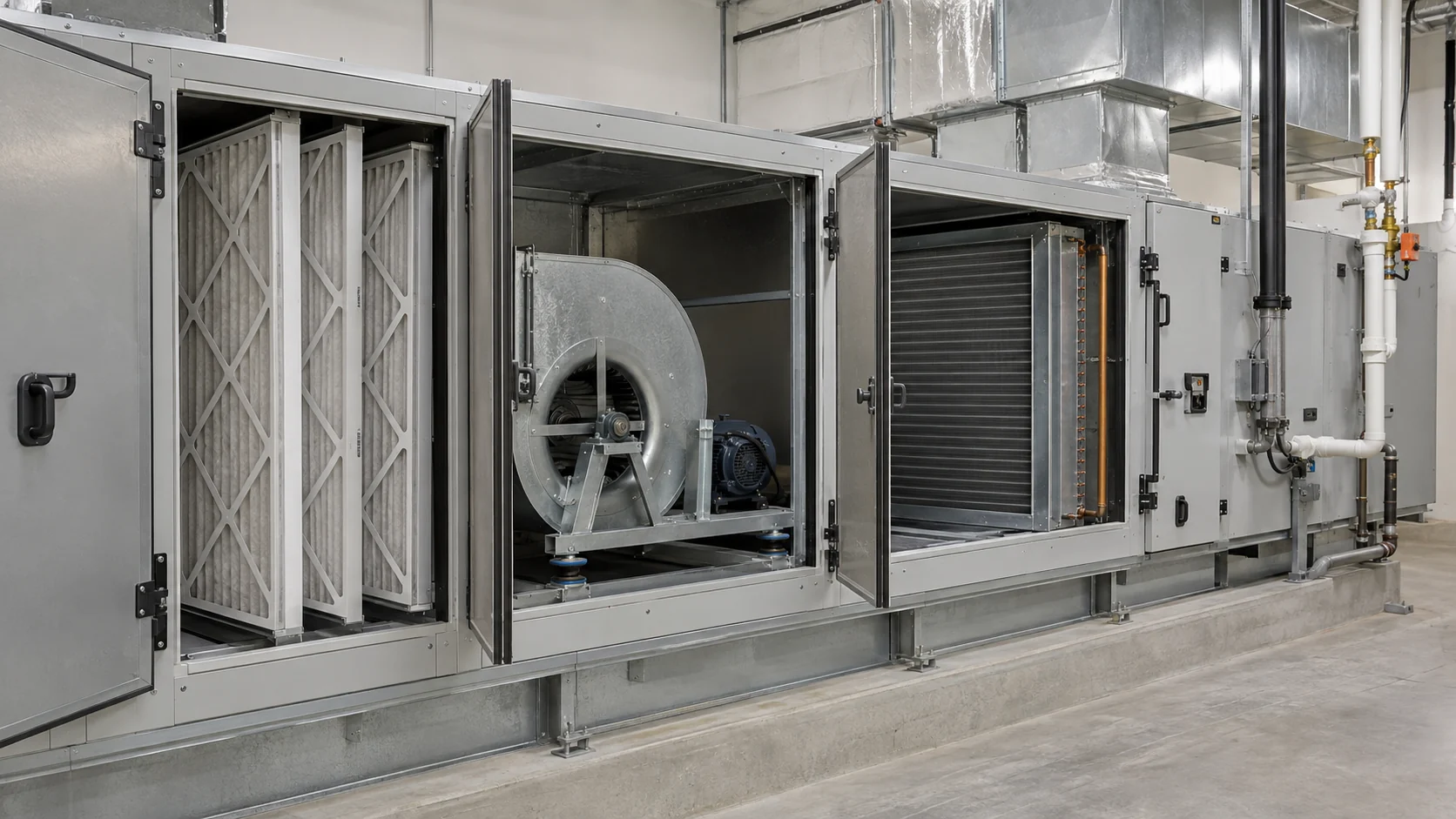 Large commercial air handling unit with access panels, filters, fan section and finned cooling coil
