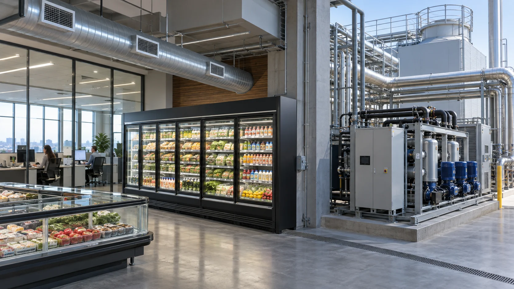 Office air distribution, food-retail cooling display and industrial process-cooling skid in one realistic scene