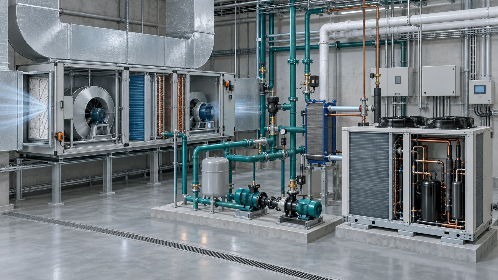 Cutaway commercial HVAC architecture showing air side, hydronic loop, heat pump loop, fans, coils, valves and controls
