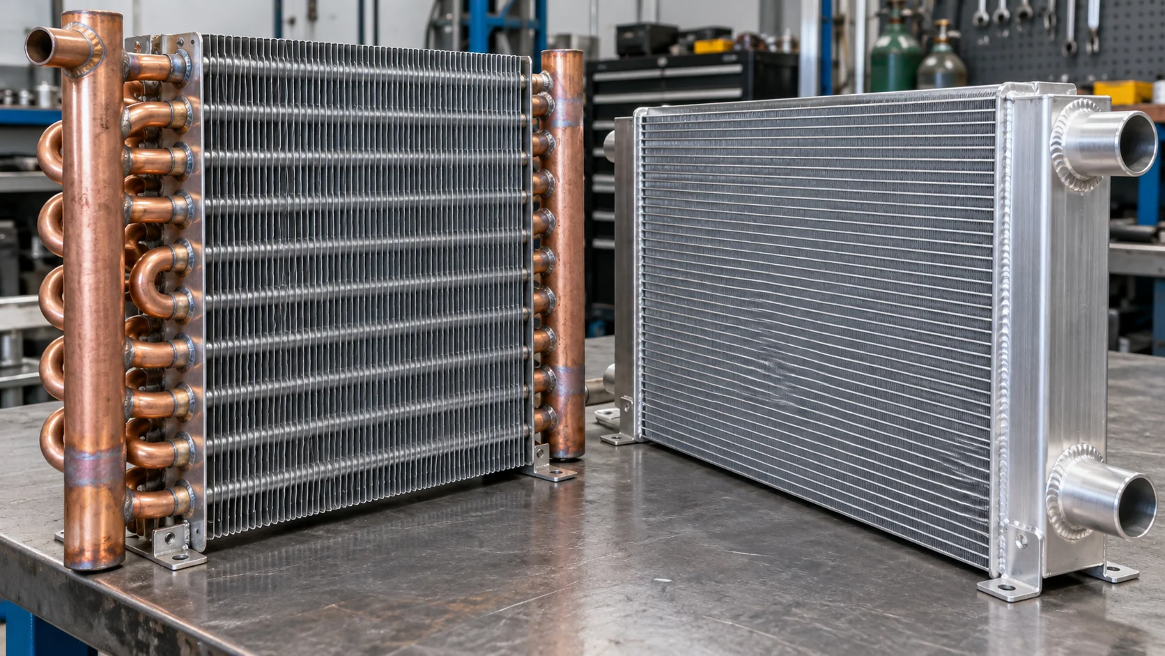 Finned-tube and microchannel HVAC heat exchangers side by side on a fabrication bench