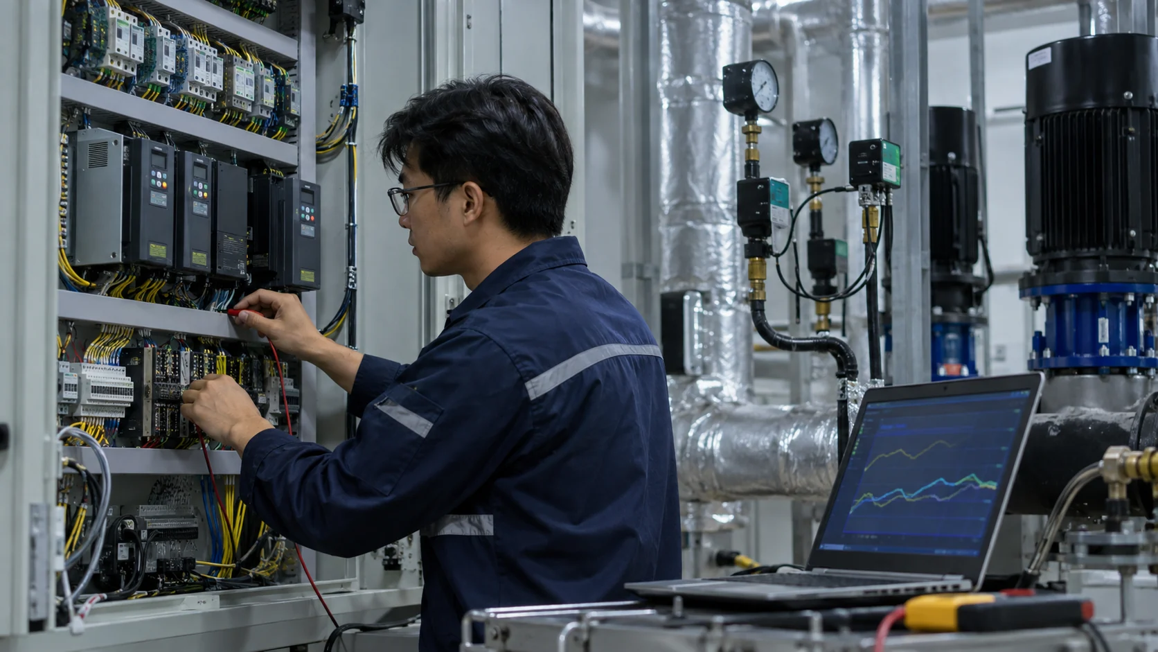 Asian controls engineer commissioning an HVAC control panel with sensors, drives and trend display