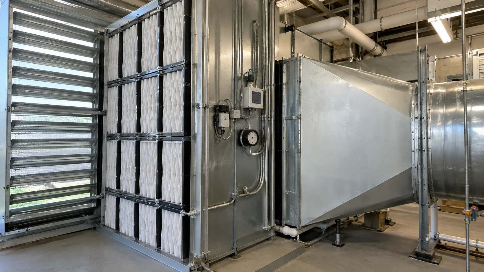 Commercial HVAC filtration and ventilation equipment with outdoor-air intake, filter rack and sensors