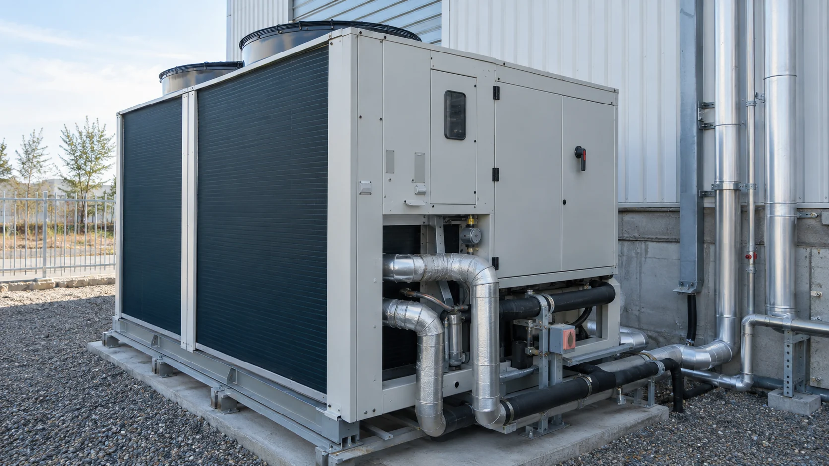 Reversible commercial heat pump module with outdoor coil, compressor cabinet and service access